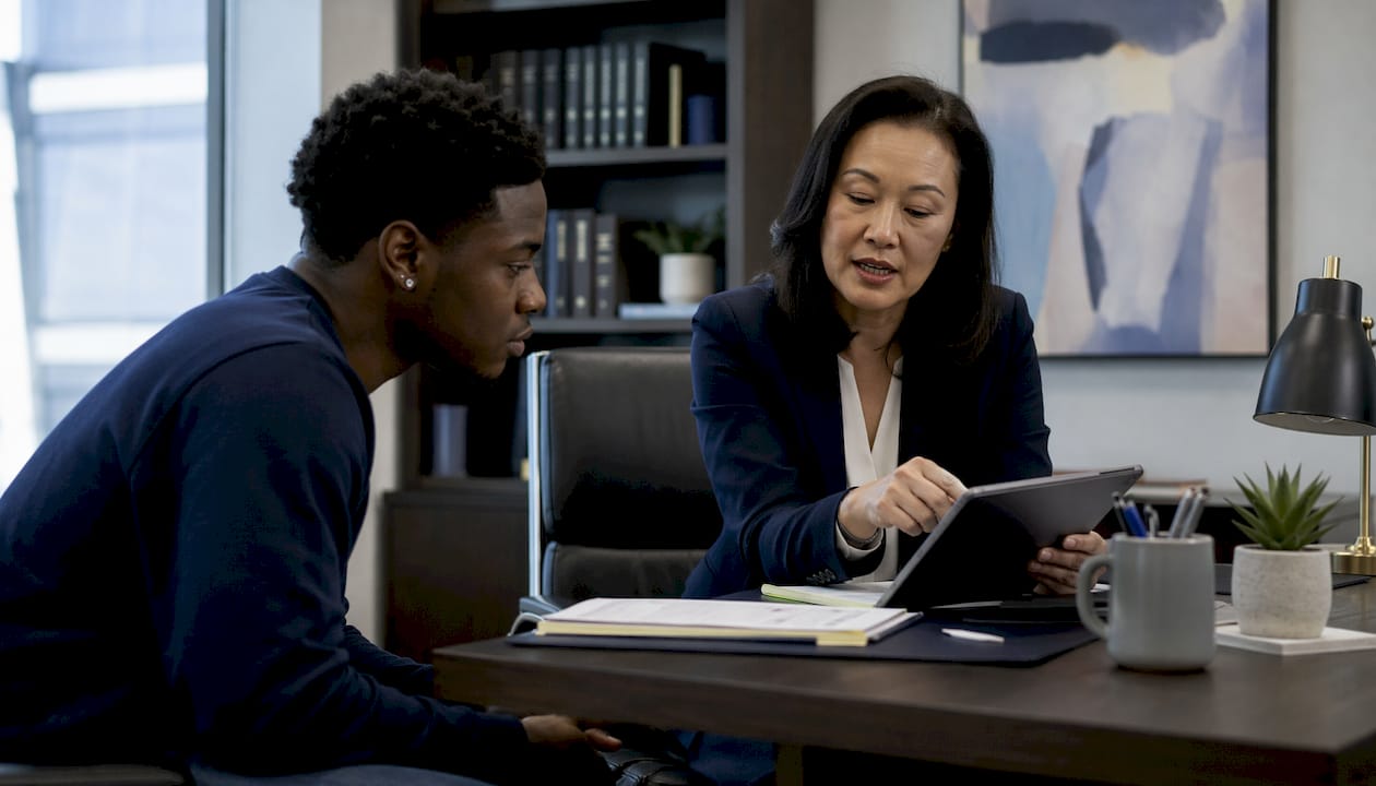 Defendant consulting defense lawyer at desk
