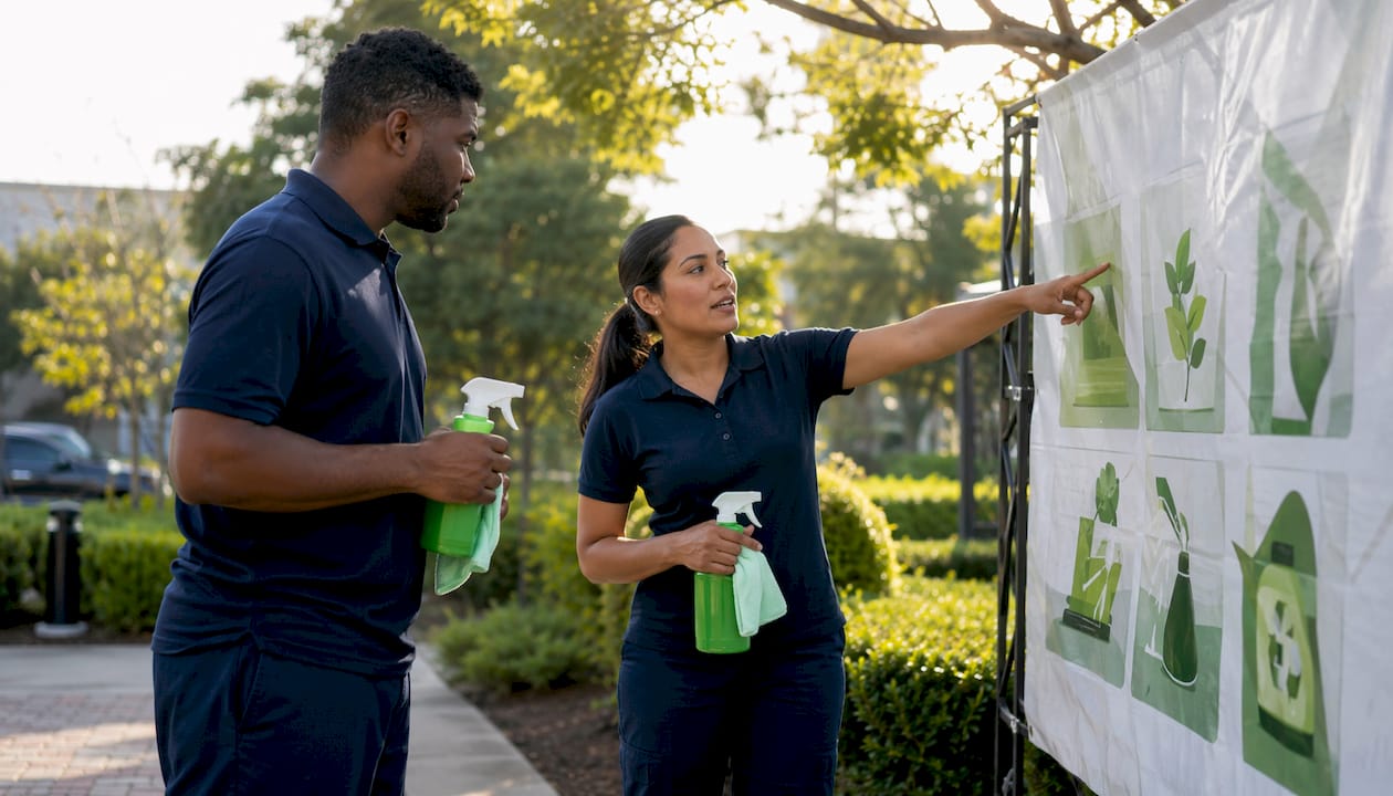 Cleaning staff engaged in green training session