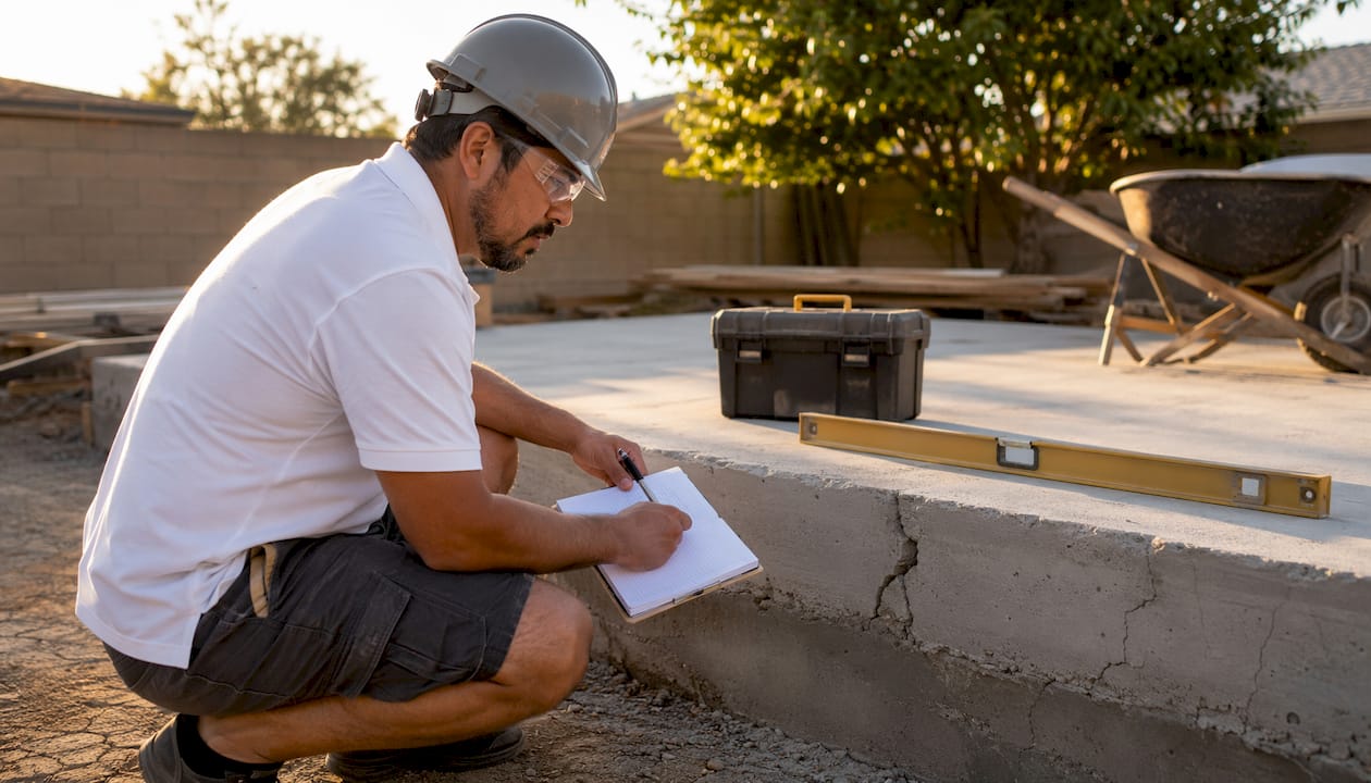 Engineer inspecting garage concrete slab cracks