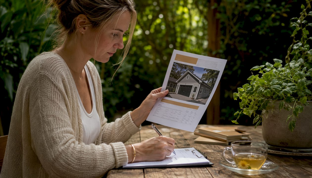 Homeowner reviewing ADU financing paperwork overhead