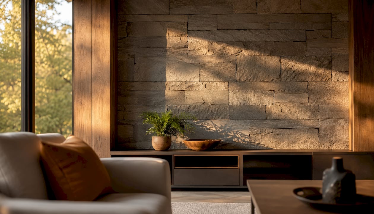 Natural stone and wood veneer TV wall close-up