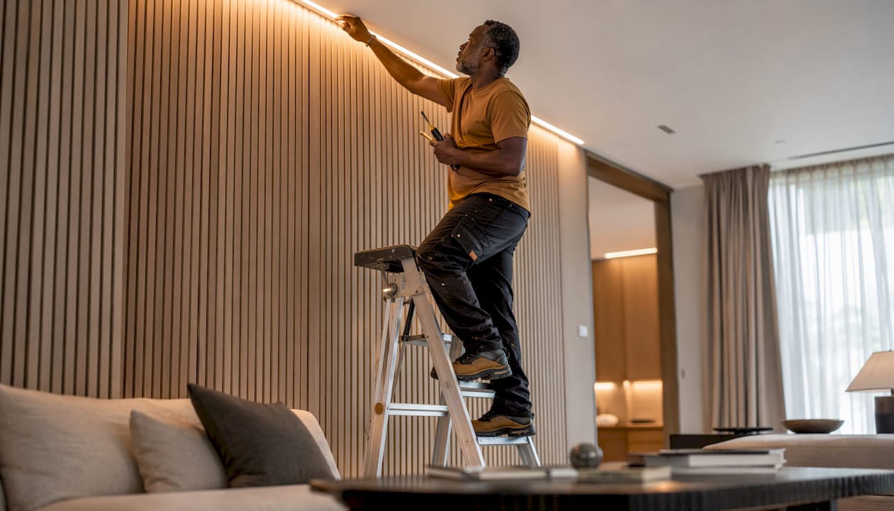 Man installing lighting on fluted panel TV wall