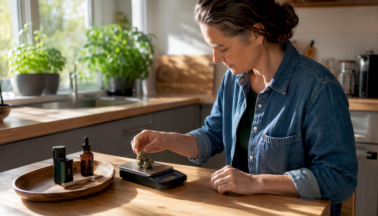 Person measuring cannabis dose at home