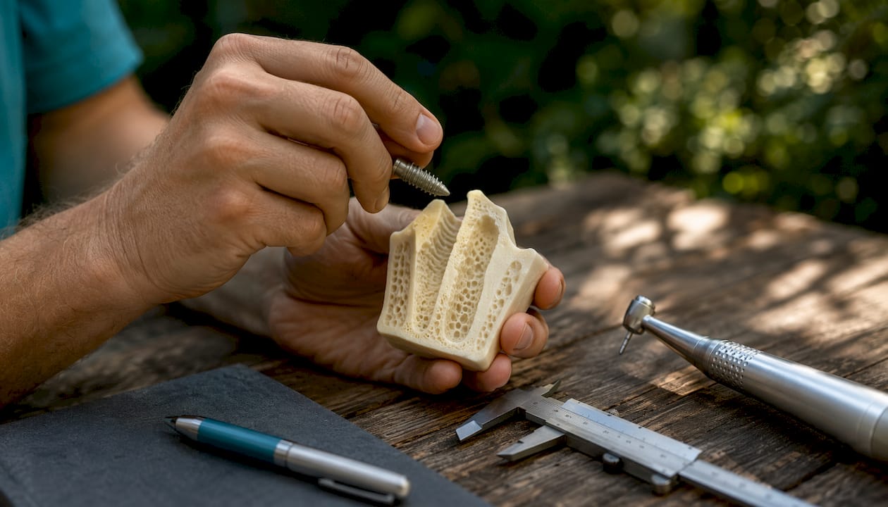 Hands examining dental implant threads and bone model