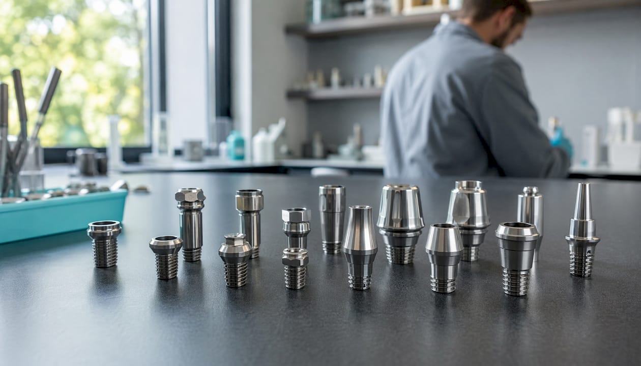 Dental implant abutment connection components on tray