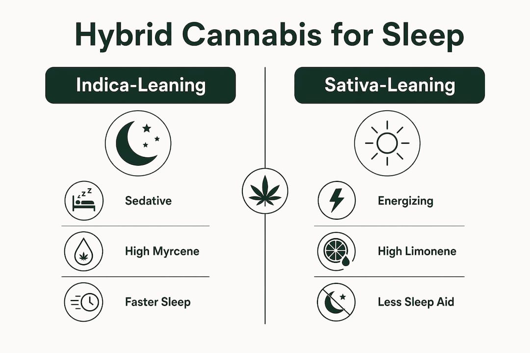 Infographic comparing indica vs sativa hybrids for sleep