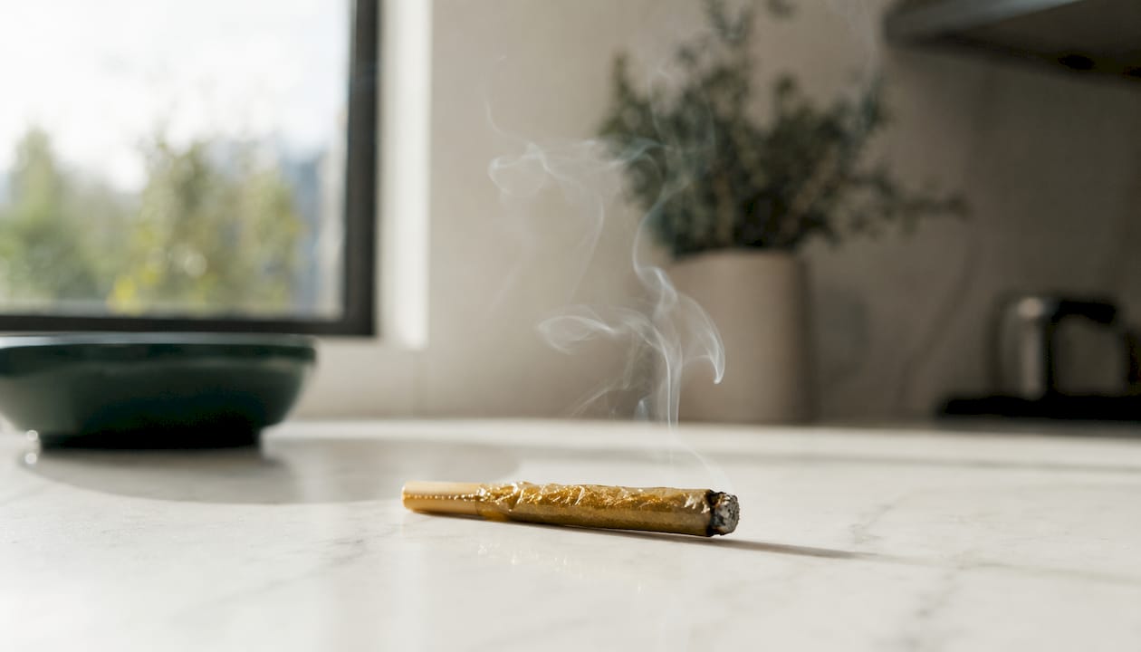 Jeeter quad-infused pre-roll on black reflective surface