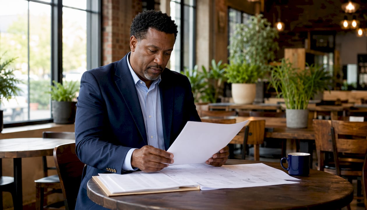 Facility manager reviewing maintenance documents