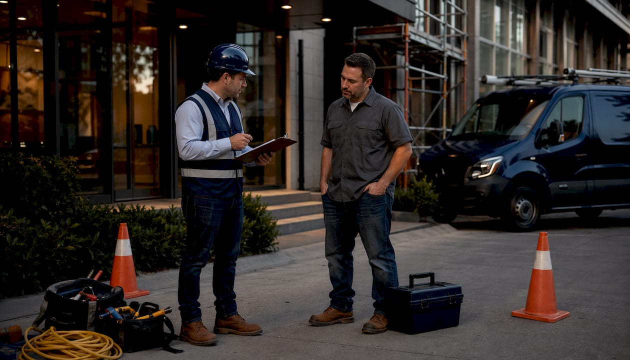Handyman and contractor discussing project outdoors