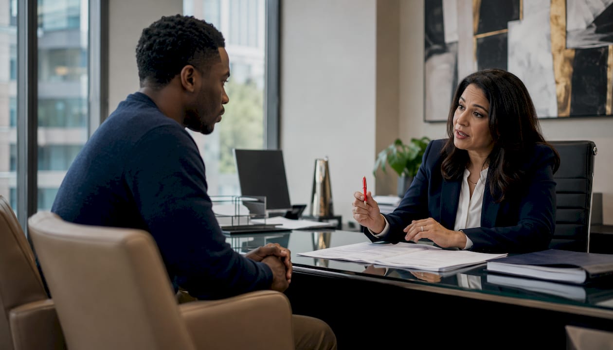 Defendant consulting with attorney in office
