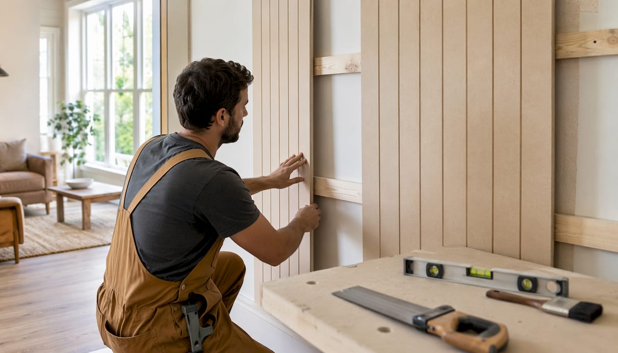 Hands installing MDF shiplap panel