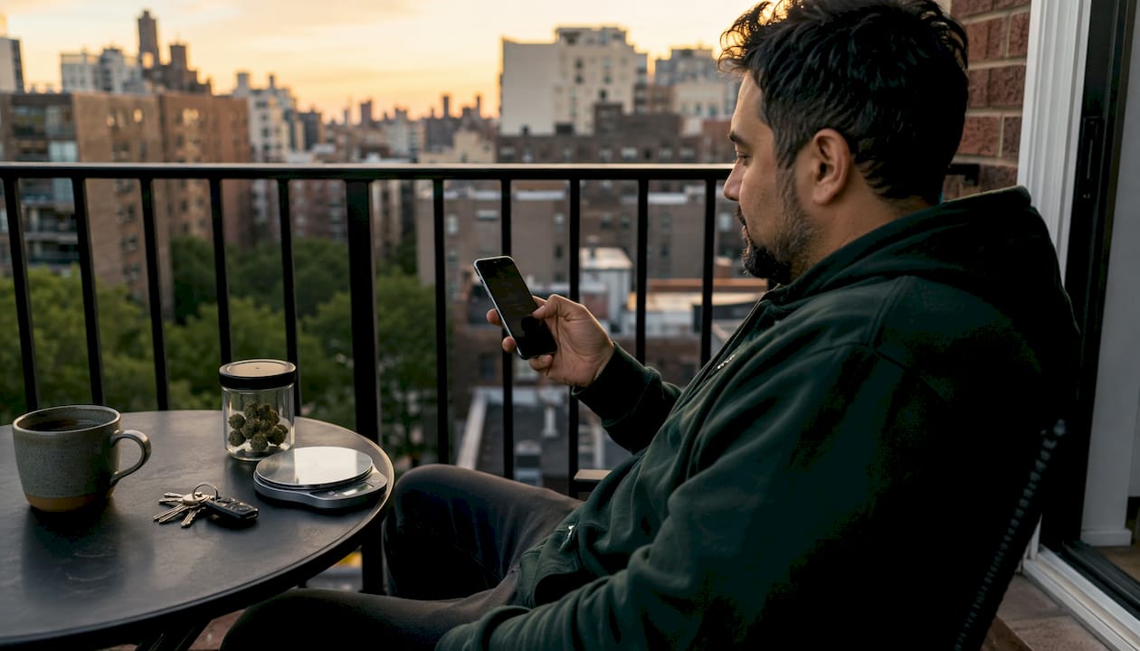 Hands using smartphone to check cannabis delivery status