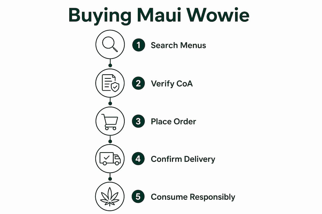 Infographic showing steps to buy licensed Maui Wowie in NYC