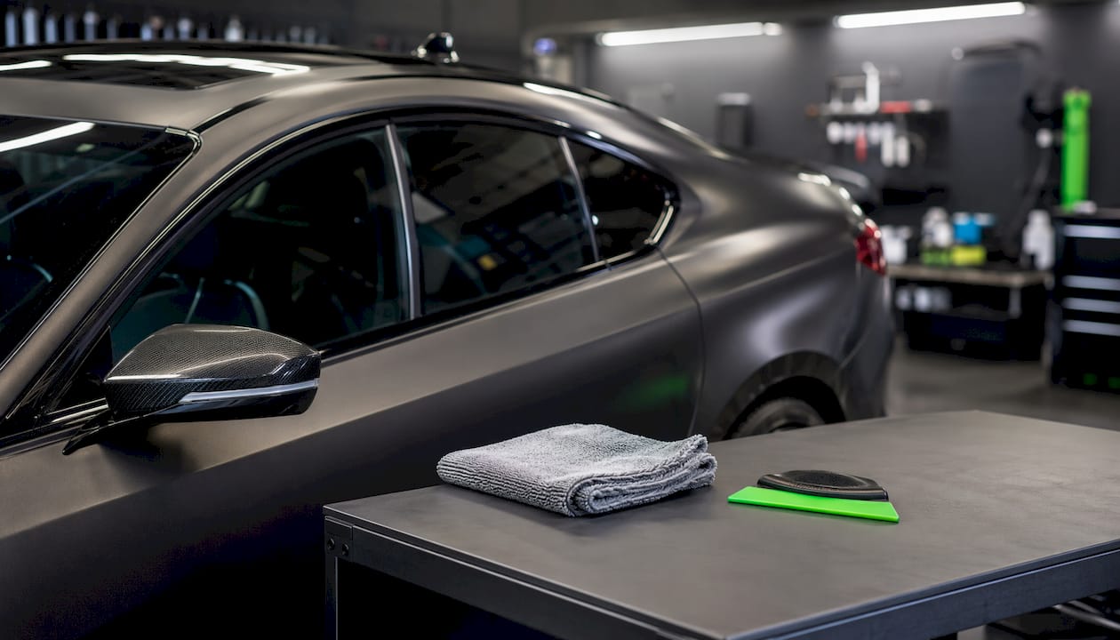 Close-up of car surfaces showing paint and trim textures