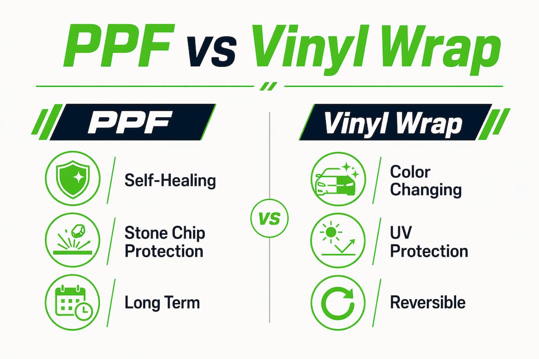 Infographic comparing paint protection film and vinyl wrap features