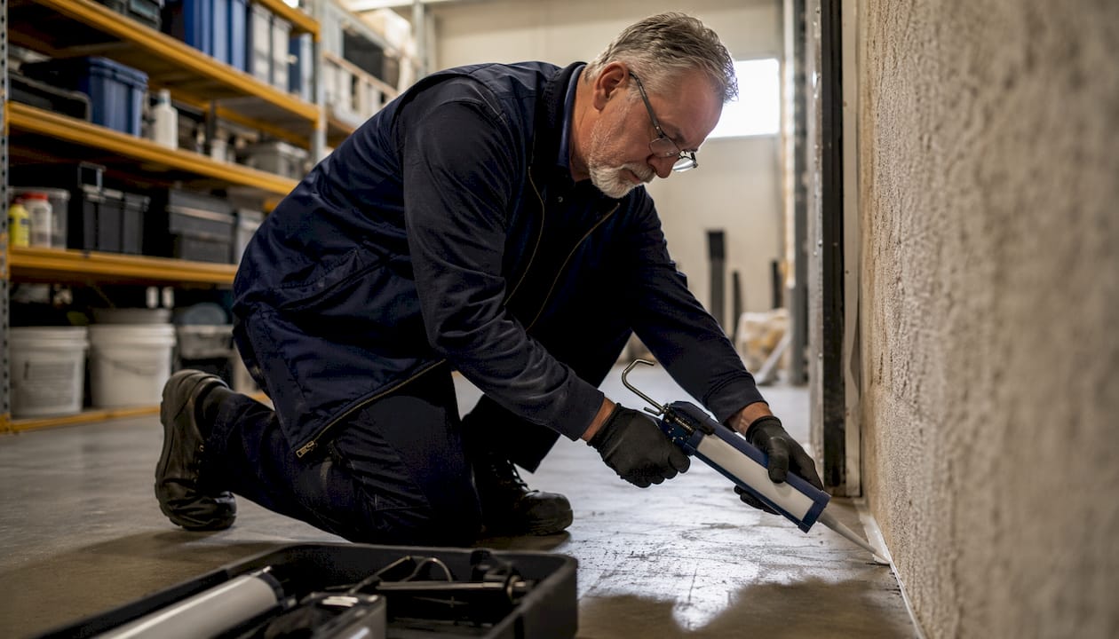 Technician sealing structural gap outdoors at loading dock