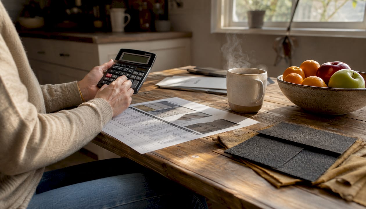 Hands using calculator with roofing cost sheets