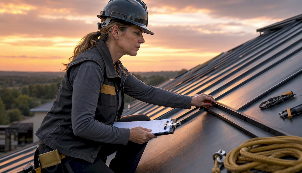 Female contractor inspecting metal roof outdoors