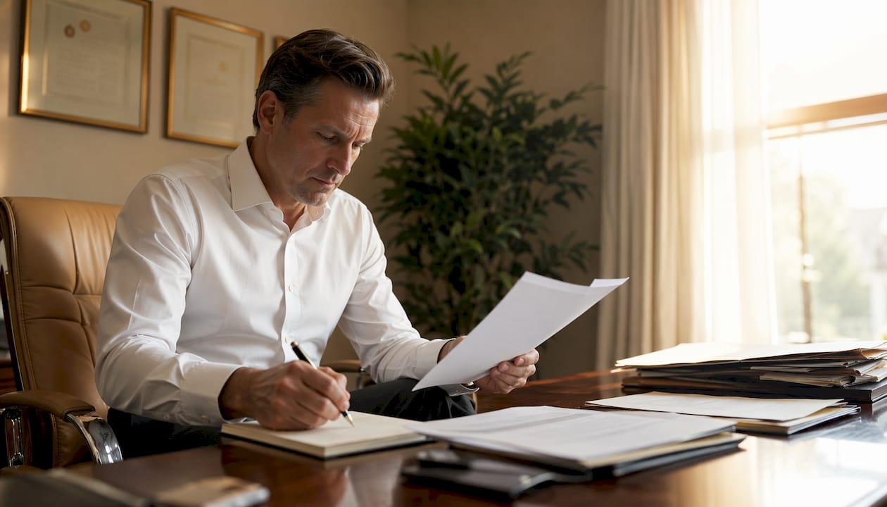 Defense attorney reviewing character letters in office