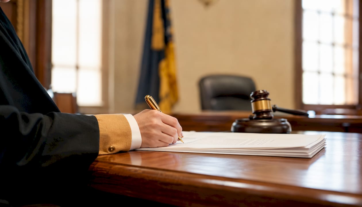 Court official signing sentencing documents
