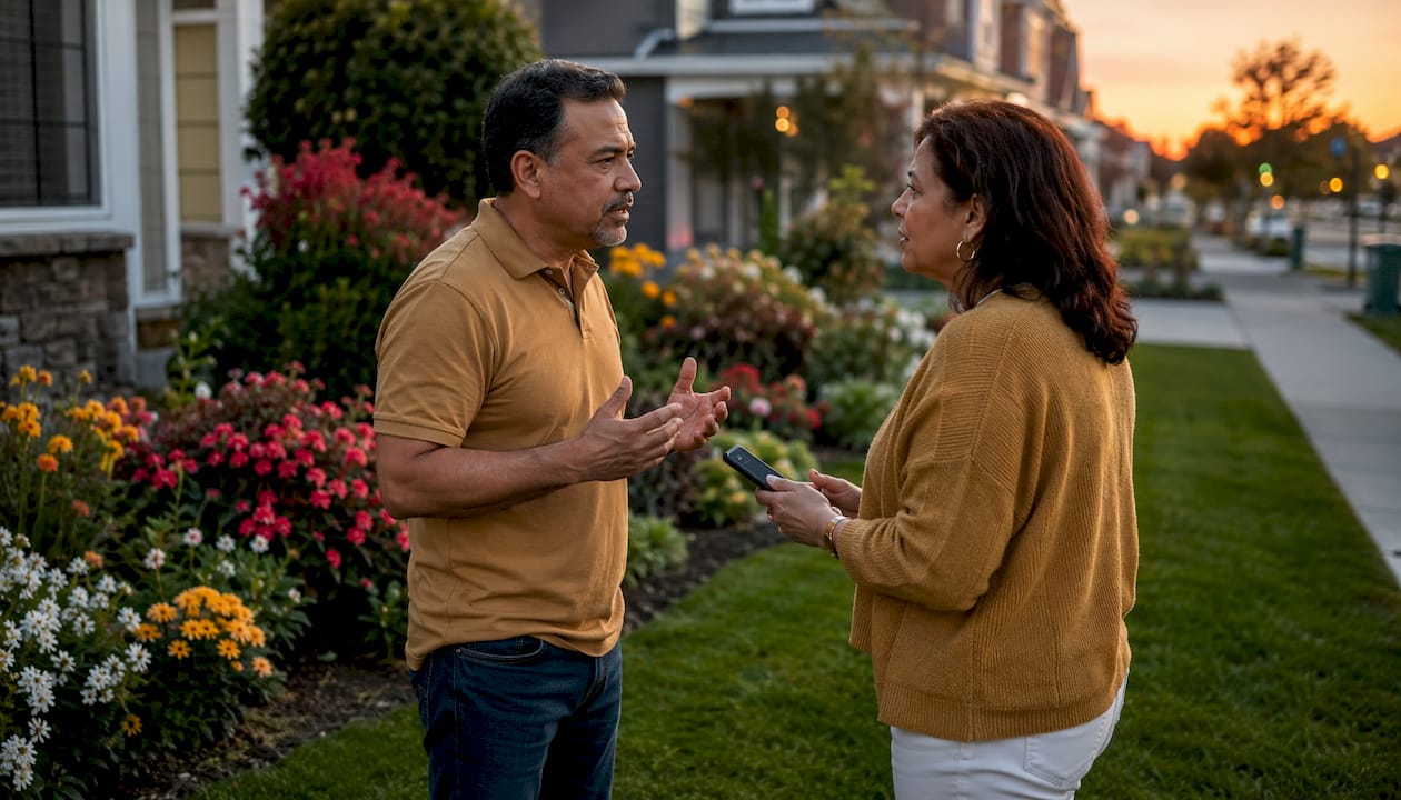 Couple arguing outdoors over noise disturbance