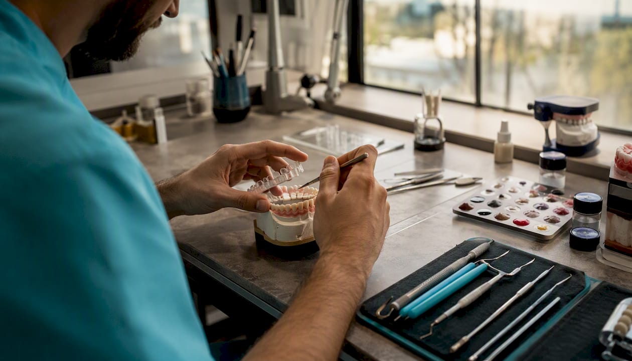 Dental technician planning surgical guide on dental model