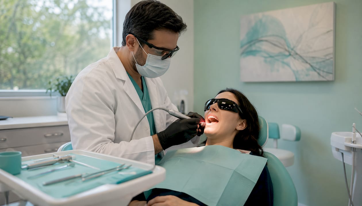 Dentist performing gingivoplasty on patient gums