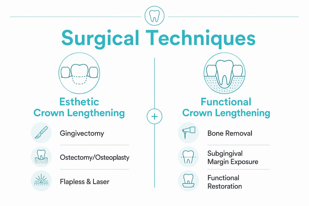Infographic comparing esthetic and functional crown lengthening techniques