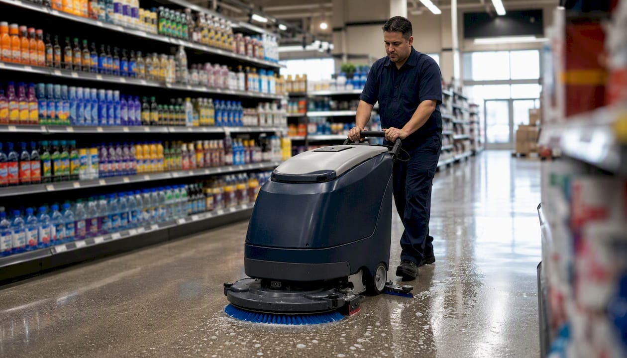 Technician using auto-scrubber on store floor