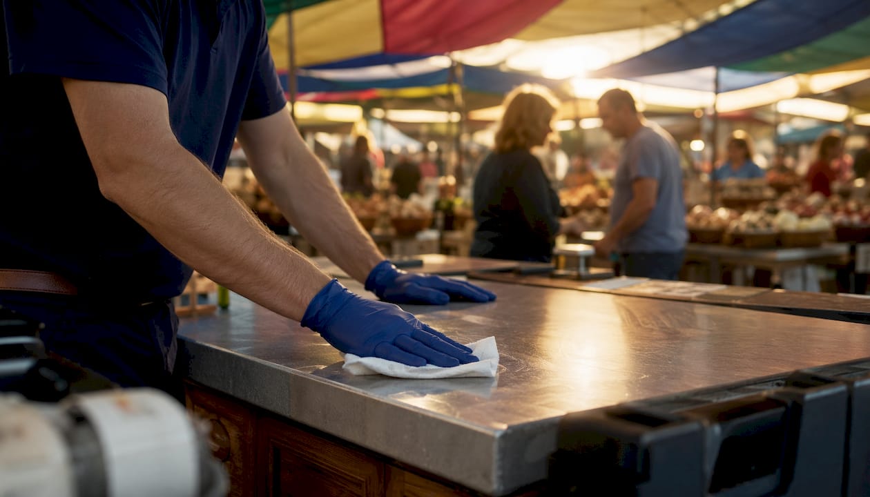 Hands disinfecting retail checkout surfaces