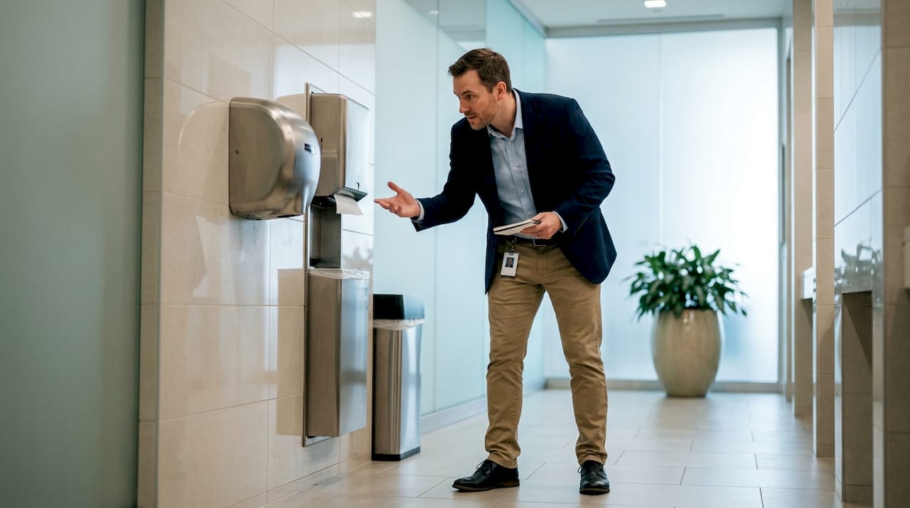 Facility manager inspecting hand dryer and paper towels