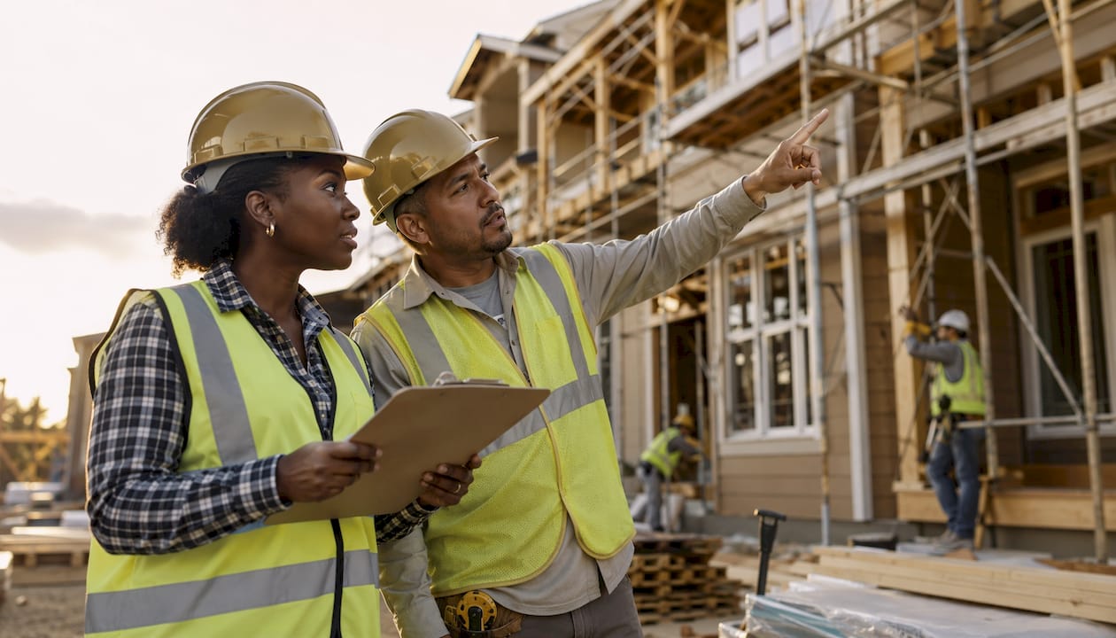 Workers discussing punch list resolution