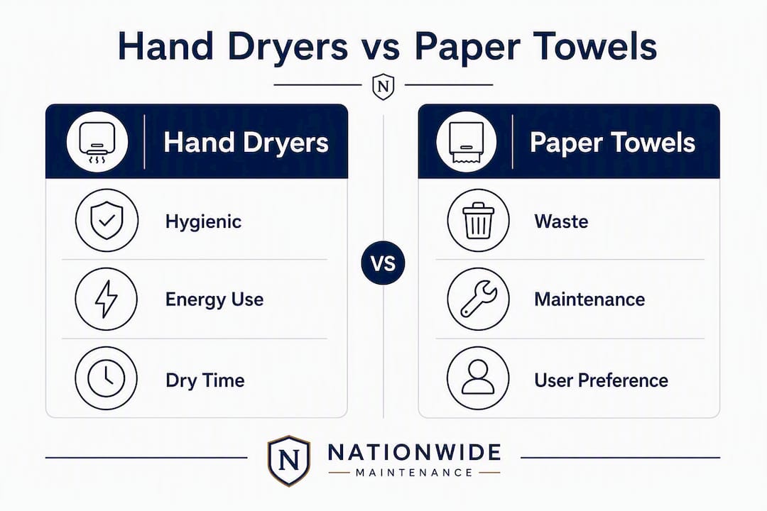Infographic comparing hand dryers and paper towels benefits and drawbacks