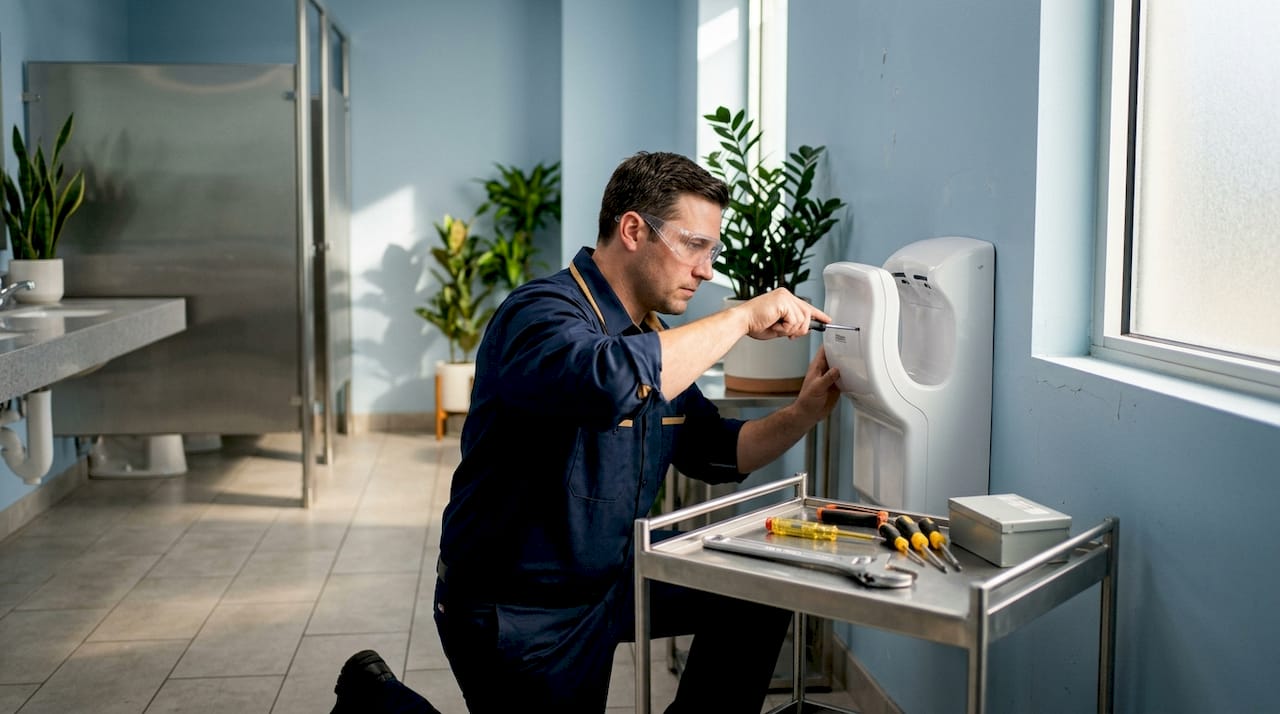 Technician servicing wall-mounted hand dryer