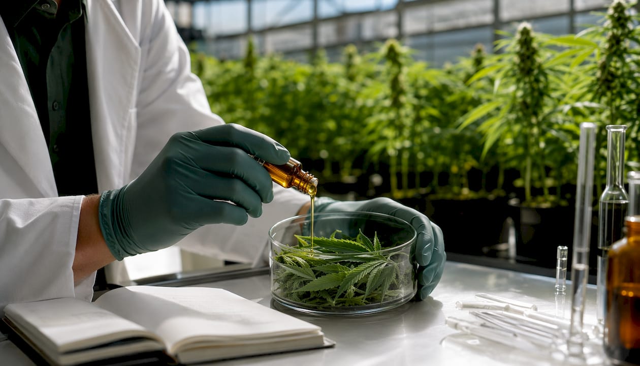 Hands analyzing cannabis terpene samples in lab