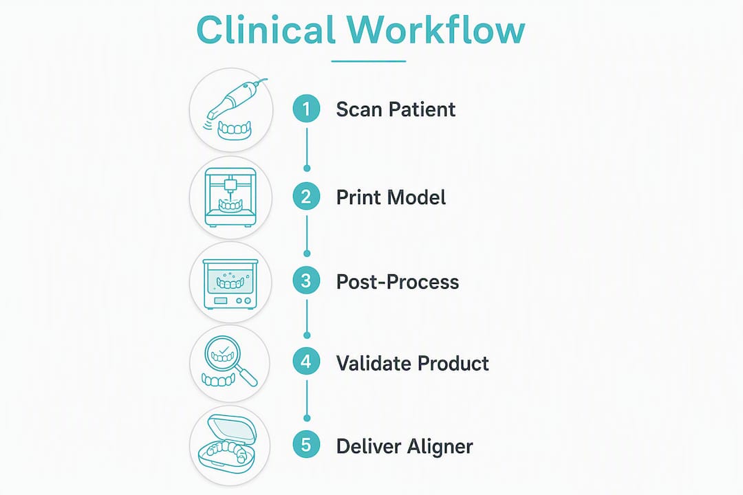 Infographic outlining clinical workflow steps for 3D printed aligners