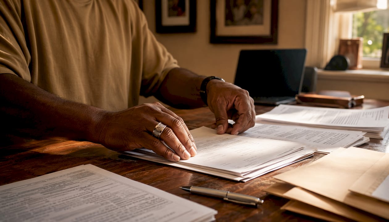 Hands arranging mitigation packet documents