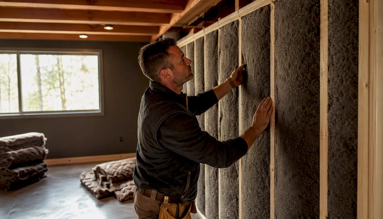 Hands installing acoustic panels for soundproofing