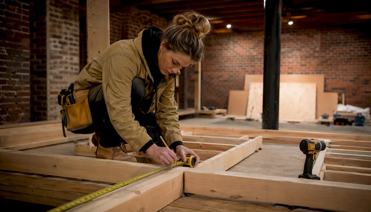 Woman measuring basement theater seating riser frame