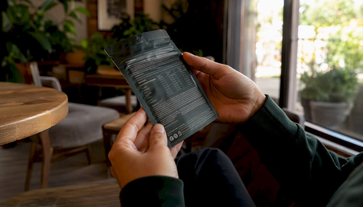 Hands examining cannabis edible package label