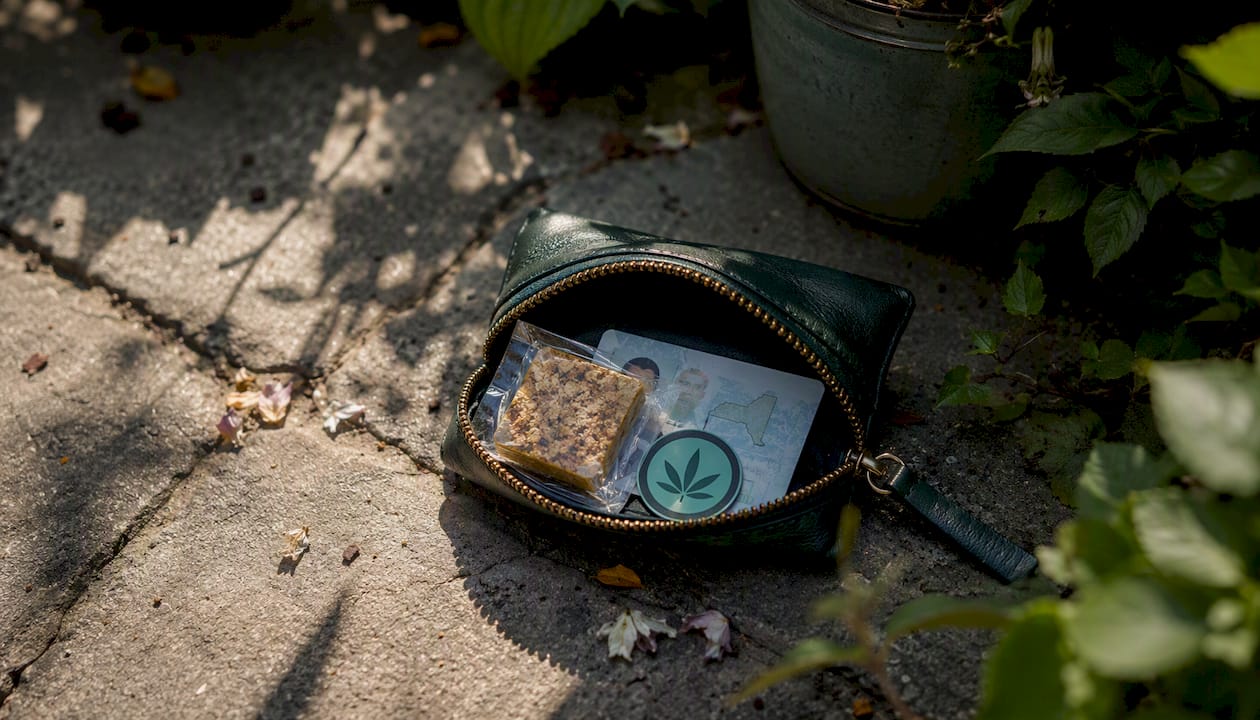 Open pouch with edible and NY state ID on table