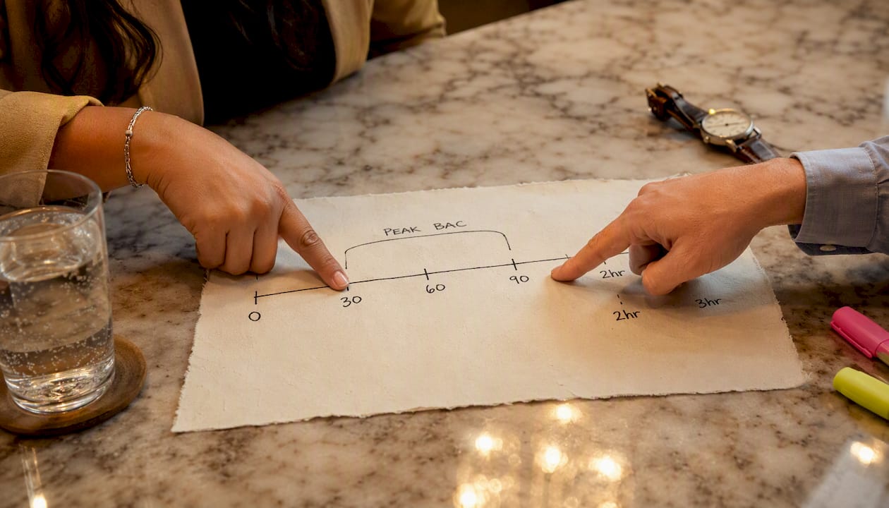 Overhead of hands pointing to alcohol absorption timeline