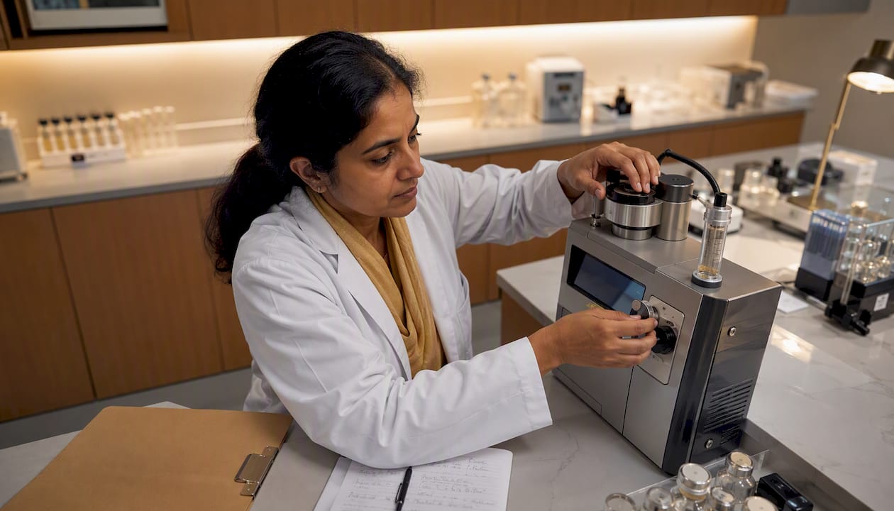 Forensic toxicologist calibrating breathalyzer device