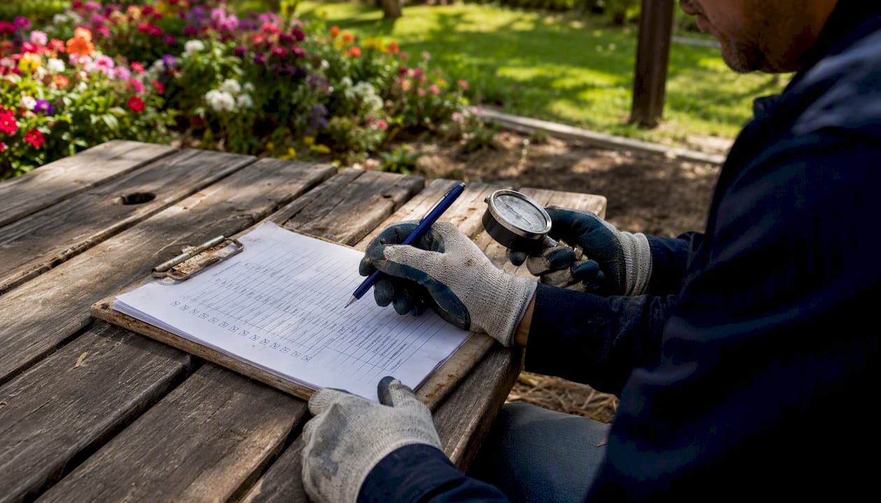 Hands checking irrigation inspection list outdoors