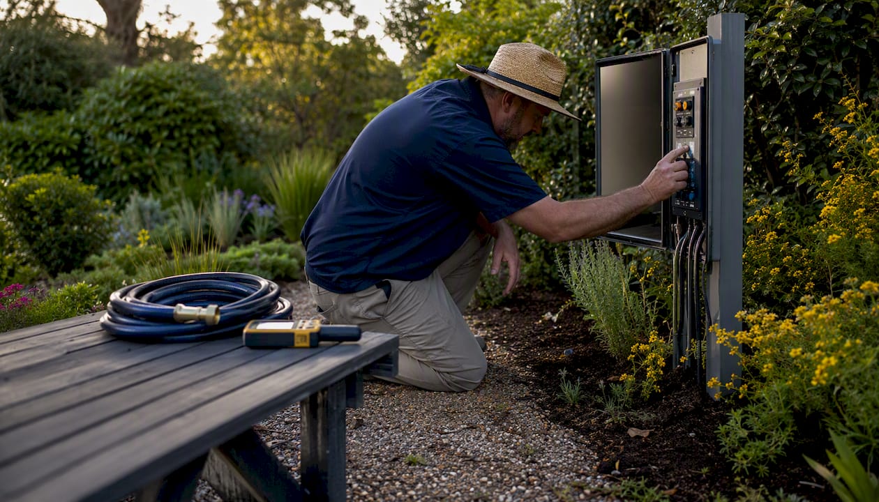 Facility manager adjusting irrigation controller outdoors