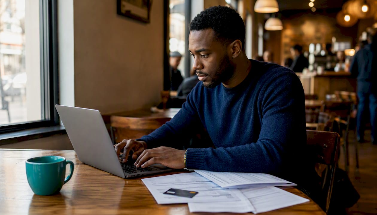 Man preparing credit card bail payment online in library