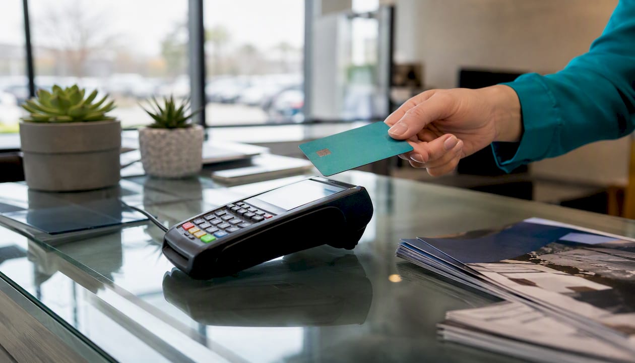 Close-up of credit card ready for payment at office counter