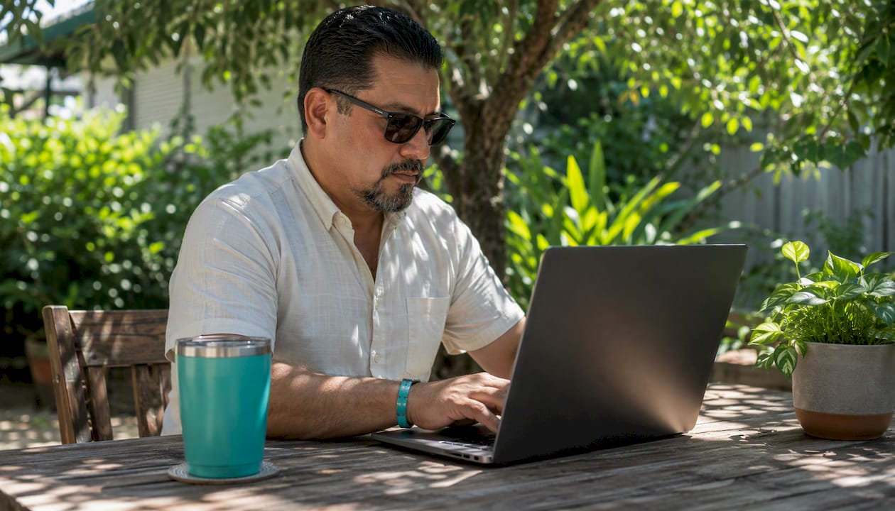 Man checking California warrant online at kitchen table