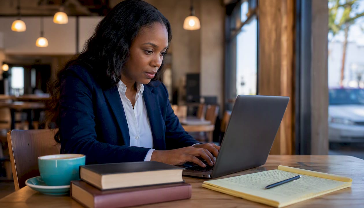 Woman using laptop for county court case search