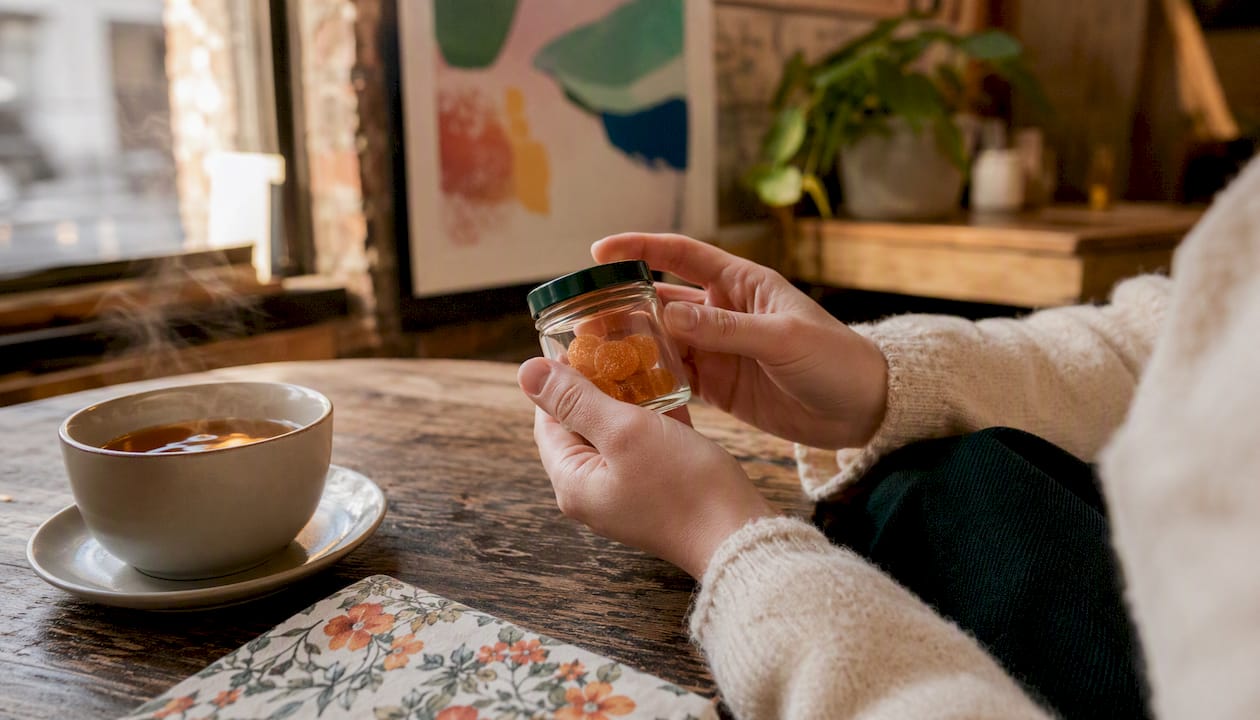 Hands holding jar of low-dose cannabis edibles